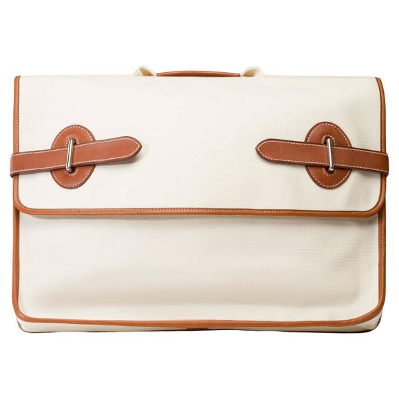 Hermes Handbags - HERMES Chic Buenaventura briefcase in beige canvas and gold barenia leather, SHW